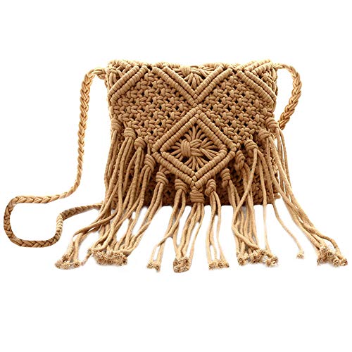 MEGAUK Umhängetasche mit Fransen Damen Schultertasche Fransentasche Quasten Stroh gewebte Strandtasche für Frauen, Braun von MEGAUK