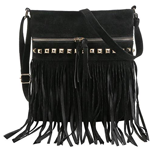 MEGAUK Umhängetasche mit Fransen Nieten Damen Schultertasche Fransentasche aus Kunstwildleder Schwarz von MEGAUK