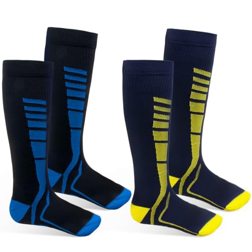 MEGAVOW 2 Paar Kompressionsstrümpfe Damen Herren, Kompressionssocken Stützstrümpfe für Waden, Laufsocken Skisocken Sportsocken für Sport Laufen Flug Reisen, L/XL, Schwarz&Marineblau von MEGAVOW