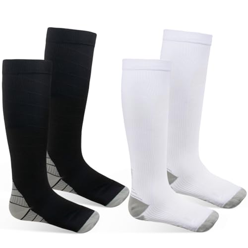 MEGAVOW 2 Paar Kompressionsstrümpfe Damen Herren, Kompressionssocken Stützstrümpfe für Waden, Laufsocken Skisocken Sportsocken für Sport Laufen Flug Reisen, L/XL, Schwarz&Weiß von MEGAVOW