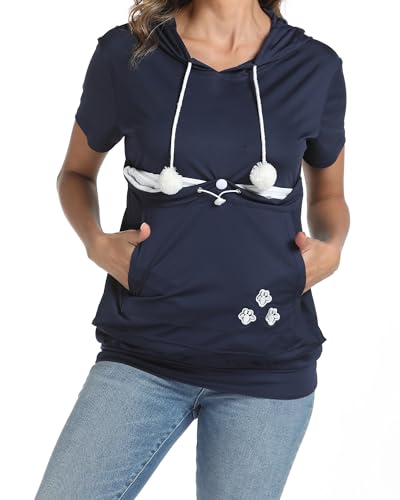 MEGAVOW Kurzarm Kapuzenpullover Damen Hoodie Pullover Sommer Sweatshirt mit Große Tasche, Casual Sweatshirt Frauen Pulli mit Katzentasche Hoodies Kapuze Katzenpulli von MEGAVOW
