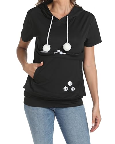 MEGAVOW Kurzarm Kapuzenpullover Damen Hoodie Pullover Sommer Sweatshirt mit Große Tasche, Casual Oberteile Pulli Hoodie Kapuze Katzenpulli von MEGAVOW
