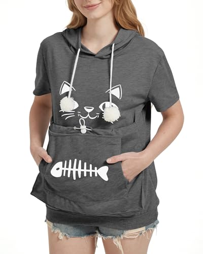 MEGAVOW Kurzarm Kapuzenpullover Damen Hoodie Pullover Sommer Sweatshirt mit Große Tasche, Casual Sweatshirt Frauen Pulli mit Katzentasche Hoodies Kapuze Katzenpulli von MEGAVOW