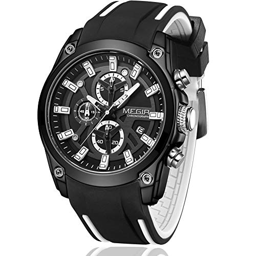 MEGIR Herren Sport Quarz Uhren mit Chronograph Luminous Auto Kalender Wasserdicht Funktion Silikon Armband schwarz-weiß von MEGIR