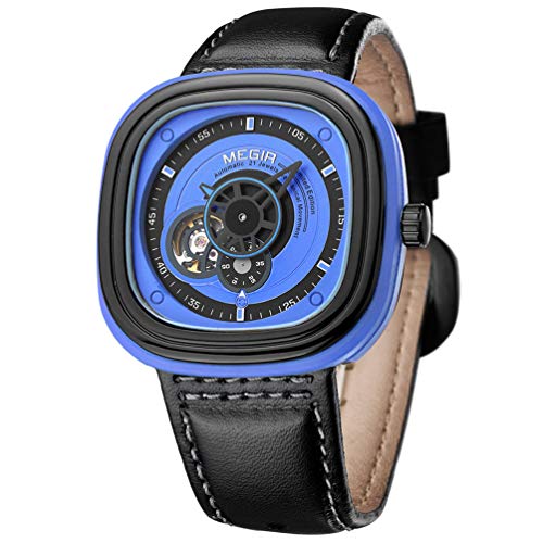 MEGIR Herren Uhren Hohl Automatik Mechanische Rechteckig mit Schwarz Leder Armband Blaues Zifferblattmit Limited Edition von MEGIR