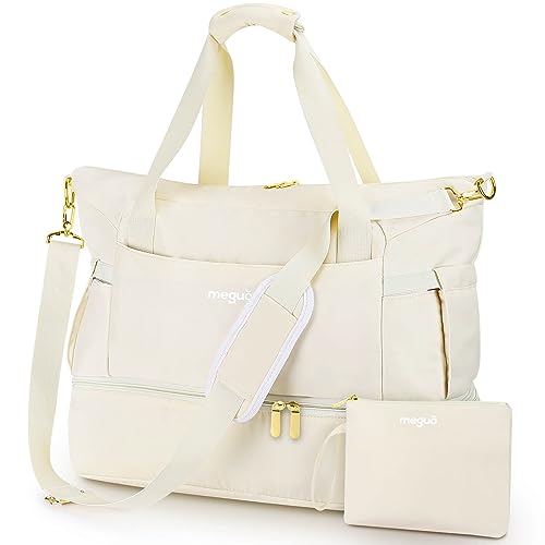 Reisetasche für Damen, Weekender Tasche, Turnbeutel mit Nassfach und Schuhfach für Übernacht, Flugreisen Handgepäck, Weiss/opulenter Garten, Sporttasche von MEGUO