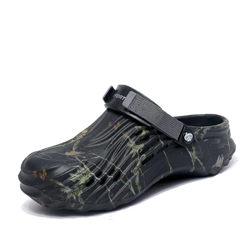 MEIAGDT Herren Gartenclogs Outdoor Schlupfpantoletten rutschfest Gartenschuhe Wasserdicht Leicht Sommer chsandalen mit Verstellbarem Rückengurt für Zuhause Strand Camping Baum Design Schwarz-44 von MEIAGDT