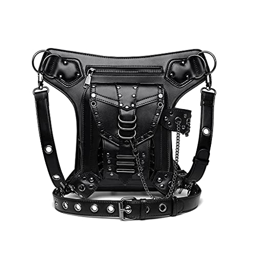 MEIBAOGE Damen Umhängetasche Schwarz Gothic Rock PU Leder Steampunk Handtasche Hüfttasche Vintage Punk Umhängetasche Umhängetasche,Gothic Gürteltasche-Schwarz von MEIBAOGE