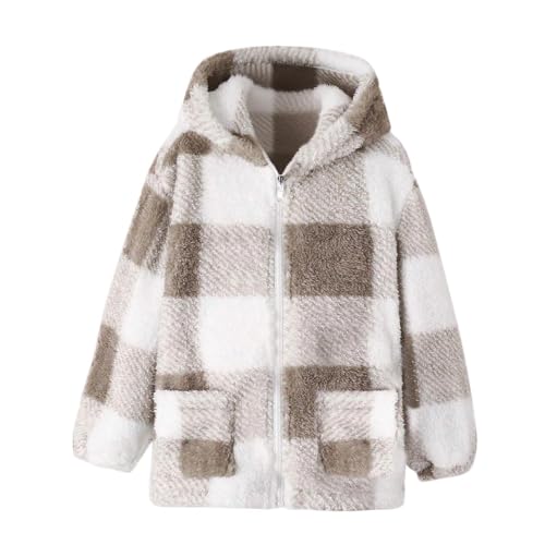 Fleecejacke Mädchen Winterjacke Plüsch Warm Kinderjacke Gitter Langarm Tops Reißverschluss Lange Dicke Oberteile Unisex Parka Herbst Mäntel für Mädchen mit Kapuze und Tasche 01 Braun 120 von MEIHAOYIT