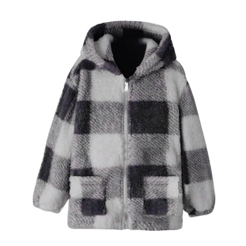 Fleecejacke Mädchen Winterjacke Plüsch Warm Kinderjacke Gitter Langarm Tops Reißverschluss Lange Dicke Oberteile Unisex Parka Herbst Mäntel für Mädchen mit Kapuze und Tasche 03 Grau 130 von MEIHAOYIT
