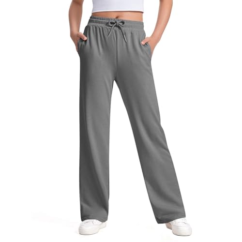 MEIHAOYIT Jogginghose Mädchen Baggy Hose Bequeme Trainingshosen Atmungsaktiv Outdoorhose Elastischem Bund Sweatpants Vintage Sweathose Einfarbig Schlaghose mit Kordelzug und Tasche Dunkelgrau 150 von MEIHAOYIT