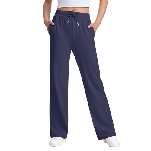 MEIHAOYIT Jogginghose Mädchen Baggy Hose Bequeme Trainingshosen Atmungsaktiv Outdoorhose Elastischem Bund Sweatpants Vintage Sweathose Einfarbig Schlaghose mit Kordelzug und Tasche Marine 160 von MEIHAOYIT