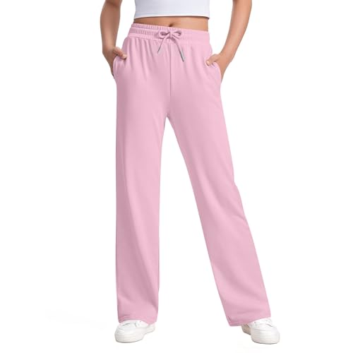MEIHAOYIT Jogginghose Mädchen Baggy Hose Bequeme Trainingshosen Atmungsaktiv Outdoorhose Elastischem Bund Sweatpants Vintage Sweathose Einfarbig Schlaghose mit Kordelzug und Tasche Rosa 160 von MEIHAOYIT