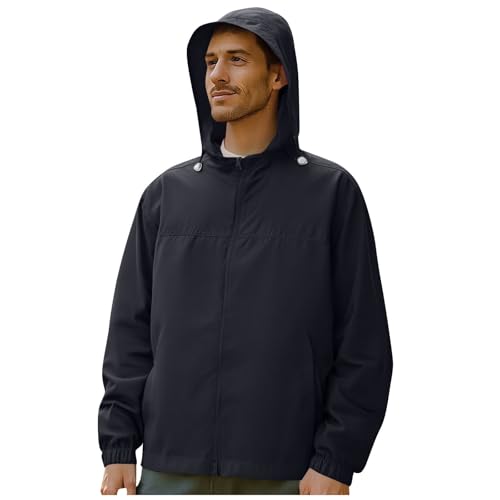 Übergangsjacke Herren Winddichte Leichte Wanderjacke UV Schutz Funktionsjacke Rashguards Reißverschlusstaschen Sportjacke Sonnenschutz Herrenjacke Einfarbig Outdoorjacke mit Kapuze 00 Schwarz XL von MEIHAOYIT