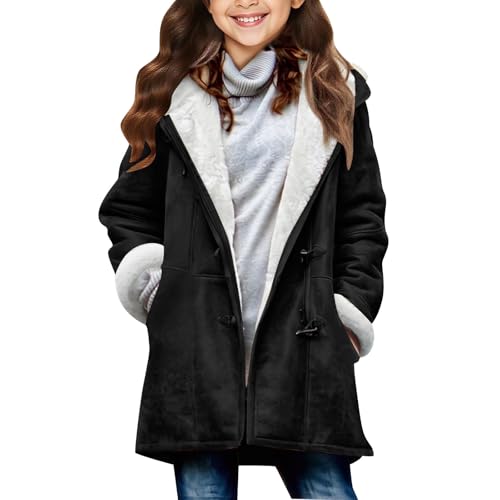 Wintermantel Mädchen Warm Fleecejacke Einfarbig Winterjacke Plüsch Oberteile Unisex Knopfleiste Langarm Tops Casual Outdoorjacke Mäntel für Mädchen mit Tasche und Kapuze 01 Schwarz 120 von MEIHAOYIT
