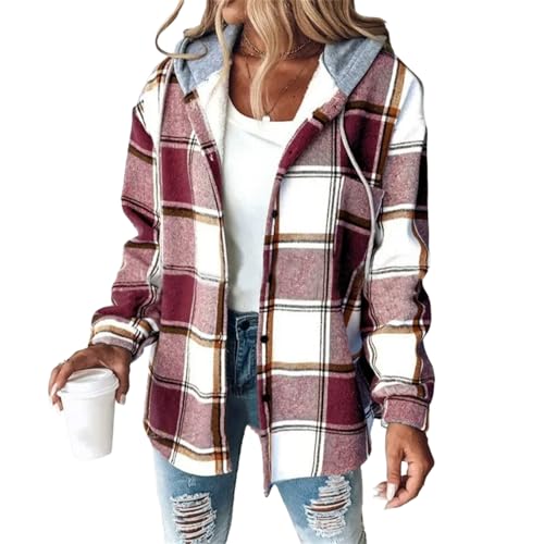 Femme Haus Helga - Weiche Wärmende Jacke für Perfekte Herbsttage Damenjacke mit Kapuze und Fleecefutter, Karierter Wintermantel, lässiges Herbstoberteil, Knopfverschluss von MEIION