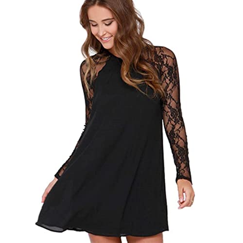 MEIION Damen Spitzenkleid Lange Ärmel Kurz Kleider Minikleid Abend Partei Ballkleid Chiffon Kleider Schwarz XL von MEIION