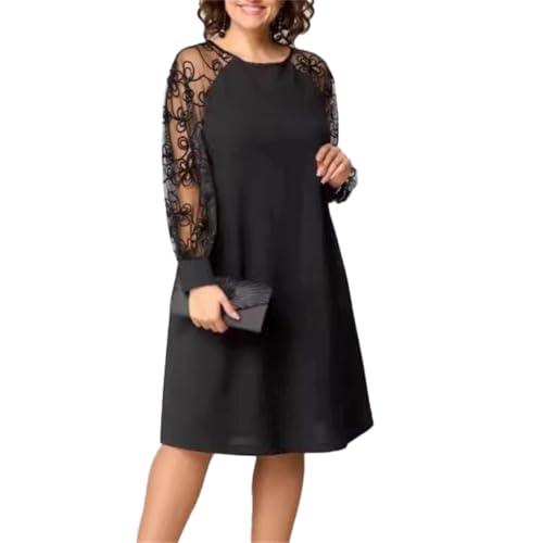 MEIION Elegantes Spitzen-Patchwork-Kleid mit Rundhalsausschnitt und Langen Ärmeln, Knielang, Perfekt für Alltag und besondere Anlässe, Damenmode in Schwarz von MEIION