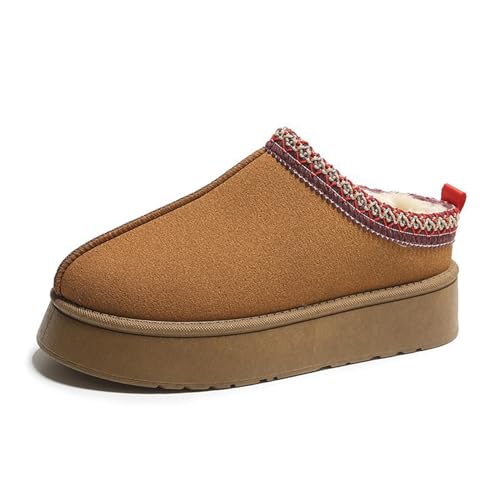 MEIION Native Pantoffeln Damen Winter Warm Fell Hausschuhe mit Kunstfellfutter Bequem Barfußschuhe Rutschfester Gummisohle, 4CM dicke Sohle women gefüttert slippers lounge wear Braun 40 von MEIION
