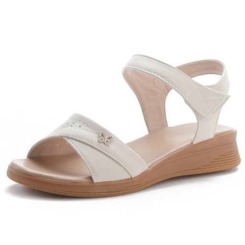 MEIION Sommerkomfort Barfußschuh Damen-Sandalen – Elegantes Design Strandschuhe mit dicker Sohle, PU-Material, Offene Zehen, Niedrige Absätze, Klettverschluss in Schwarz & Beige von MEIION