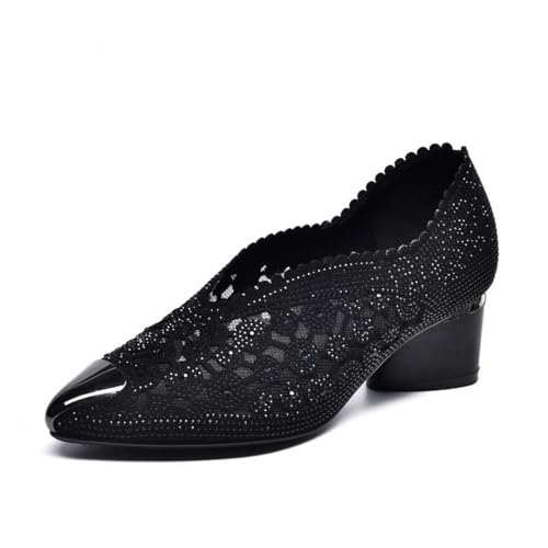 puthands Hohle Mesh-Sandalen mit Strassstein und Klobigem Absatz Damen Ballerina Schuhe – Atmungsaktive Geschlossene Ballettschuhe mit Spitze, Ideal für Braut und Alltag von MEIION