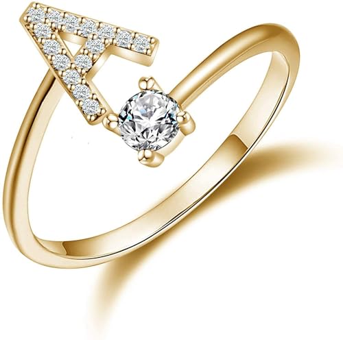 herzenskette Buchstaben Ring mit Zirkonia 925er Sterling Silber Glücksbrief-Ring für Frauen, Einstellbare Größe mit Initialen-Herzdesign von MEIION
