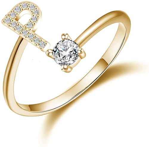 herzenskette Buchstaben Ring mit Zirkonia 925er Sterling Silber Glücksbrief-Ring für Frauen, Einstellbare Größe mit Initialen-Herzdesign von MEIION