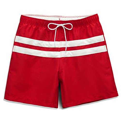 Badehose für Herren Atmungsaktiv Badeshorts Männer Trainingsshorts Elastisch Verstellbar Mit Tunnelzug Meshfutter(Rot Gestreift,M) von MEILONGER