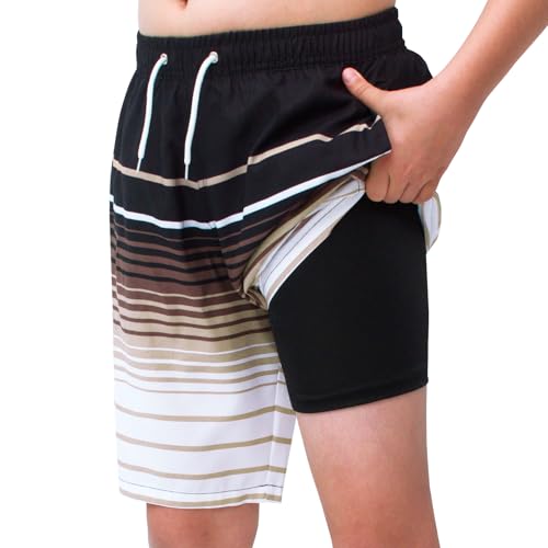 MEILONGER Badehose Jungen 2 in 1 Badeshorts Kinder Schnelltrocknend Boardshorts Bademode Schwimmhosen mit Kompression Innenhose Verstellbare Tunnelzug(Braun,164) von MEILONGER
