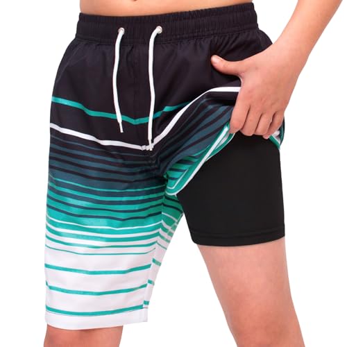 MEILONGER Badehose Jungen 2 in 1 Badeshorts Kinder Schnelltrocknend Boardshorts Bademode Schwimmhosen mit Kompression Innenhose Verstellbare Tunnelzug(Gestreift Schwarz Blau Weiß,140) von MEILONGER