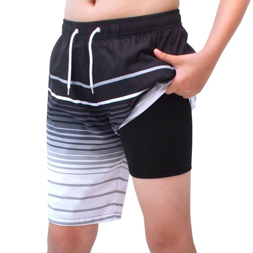 MEILONGER Badehose Jungen 2 in 1 Badeshorts Kinder Schnelltrocknend Boardshorts Bademode Schwimmhosen mit Kompression Innenhose Verstellbare Tunnelzug(Grau,176) von MEILONGER