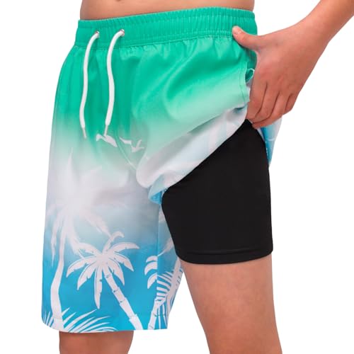 MEILONGER Badehose Jungen 2 in 1 Badeshorts Kinder Schnelltrocknend Boardshorts Bademode Schwimmhosen mit Kompression Innenhose Verstellbare Tunnelzug(Grün Weiß Blau(Coco),152) von MEILONGER