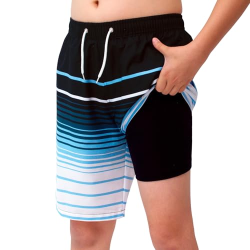 MEILONGER Badehose Jungen 2 in 1 Badeshorts Kinder Schnelltrocknend Boardshorts Bademode Schwimmhosen mit Kompression Innenhose Verstellbare Tunnelzug(Himmelblau,140) von MEILONGER