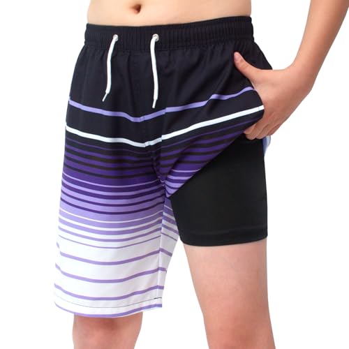 MEILONGER Badehose Jungen 2 in 1 Badeshorts Kinder Schnelltrocknend Boardshorts Bademode Schwimmhosen mit Kompression Innenhose Verstellbare Tunnelzug(Lila,164) von MEILONGER