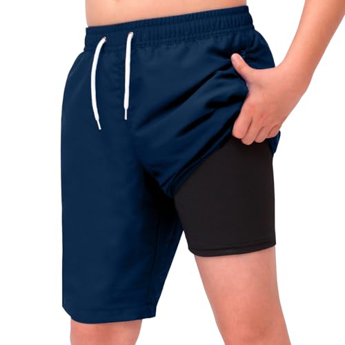 MEILONGER Badehose Jungen 2 in 1 Badeshorts Kinder Schnelltrocknend Boardshorts Bademode Schwimmhosen mit Kompression Innenhose Verstellbare Tunnelzug(Marine,140) von MEILONGER