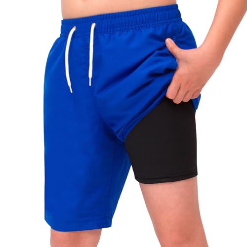 MEILONGER Badehose Jungen 2 in 1 Badeshorts Kinder Schnelltrocknend Boardshorts Bademode Schwimmhosen mit Kompression Innenhose Verstellbare Tunnelzug(Royal Blue,152) von MEILONGER
