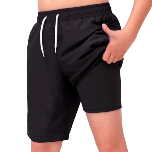 MEILONGER Badehose Jungen 2 in 1 Badeshorts Kinder Schnelltrocknend Boardshorts Bademode Schwimmhosen mit Kompression Innenhose Verstellbare Tunnelzug(Schwarz,140) von MEILONGER