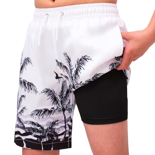 MEILONGER Badehose Jungen 2 in 1 Badeshorts Kinder Schnelltrocknend Boardshorts Bademode Schwimmhosen mit Kompression Innenhose Verstellbare Tunnelzug(Weiß Schwarz(Baum),164) von MEILONGER