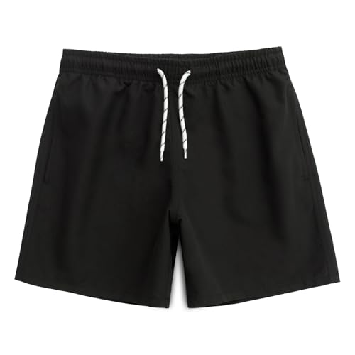 MEILONGER Badehose Jungen Badeshorts Kinder Schnelltrocknend Boardshorts Bademode Schwimmhosen mit Verstellbare Tunnelzug Netzfutter Taschen(Schwarz,164) von MEILONGER