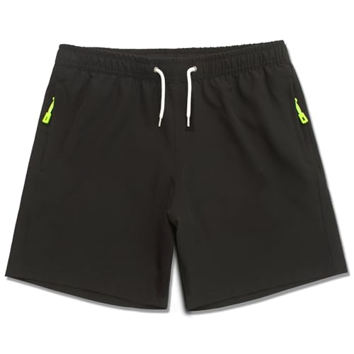 MEILONGER Badehose Jungen Badeshorts Kinder Schnelltrocknend Stretch Schwimmhose Boardshorts mit Netzfutter Reißverschluss Taschen und Verstellbarem Tunnelzug(Schwarz,164) von MEILONGER