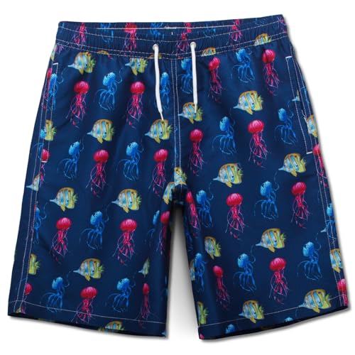 MEILONGER Badehose Jungen Badeshorts Schnelltrocknend Boardshorts mit Netzfutter Taschen und Verstellbarem Tunnelzug(Dunkelblau (Jellyfish),176) von MEILONGER