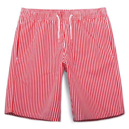 MEILONGER Badehose Jungen Badeshorts Schnelltrocknend Boardshorts mit Netzfutter Taschen und Verstellbarem Tunnelzug(Gestreift Rot Weiß,164) von MEILONGER