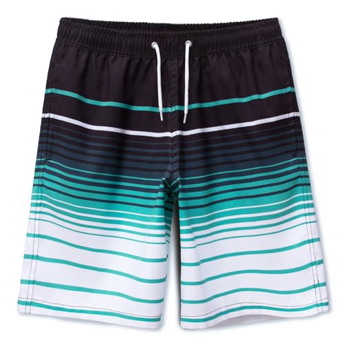 MEILONGER Badehose Jungen Badeshorts Schnelltrocknend Boardshorts mit Netzfutter Taschen und Verstellbarem Tunnelzug(Gestreift Schwarz Blau Weiß,10-12) von MEILONGER