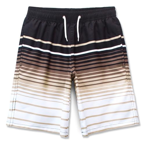 MEILONGER Badehose Jungen Badeshorts Schnelltrocknend Boardshorts mit Netzfutter Taschen und Verstellbarem Tunnelzug(Gestreiftes Braun,152) von MEILONGER
