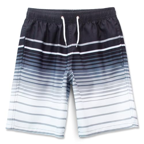 MEILONGER Badehose Jungen Badeshorts Schnelltrocknend Boardshorts mit Netzfutter Taschen und Verstellbarem Tunnelzug(Gestreiftes Grau,140) von MEILONGER