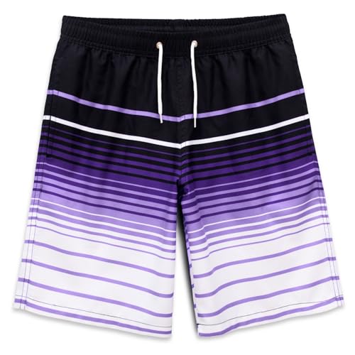 MEILONGER Badehose Jungen Badeshorts Schnelltrocknend Boardshorts mit Netzfutter Taschen und Verstellbarem Tunnelzug(Lila Gestreift,152) von MEILONGER
