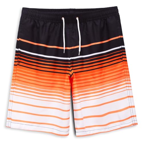 MEILONGER Badehose Jungen Badeshorts Schnelltrocknend Boardshorts mit Netzfutter Taschen und Verstellbarem Tunnelzug(Orange Gestreift,140) von MEILONGER