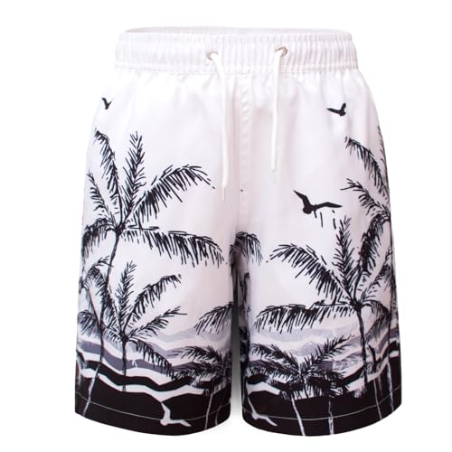 MEILONGER Badehose Jungen Badeshorts Schnelltrocknend Boardshorts mit Netzfutter Taschen und Verstellbarem Tunnelzug(Weiß Schwarz(Baum),8) von MEILONGER