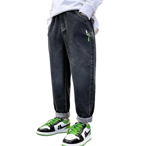 MEILONGER Baggy Jeans Jungen Kinder Elastische Mit Taille Stretch Mode Denim Hosen(Dunkelgrau,10-12) von MEILONGER