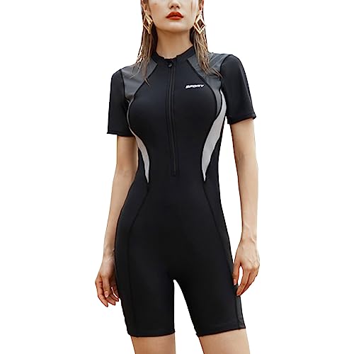 MEILONGER Damen Surfanzug Badeanzug mit Reißverschluss Einteiler Rashguard Bademode Surfen Schwimmanzug Badebekleidung mit Badehose und Boyshort(Schwarz,L) von MEILONGER